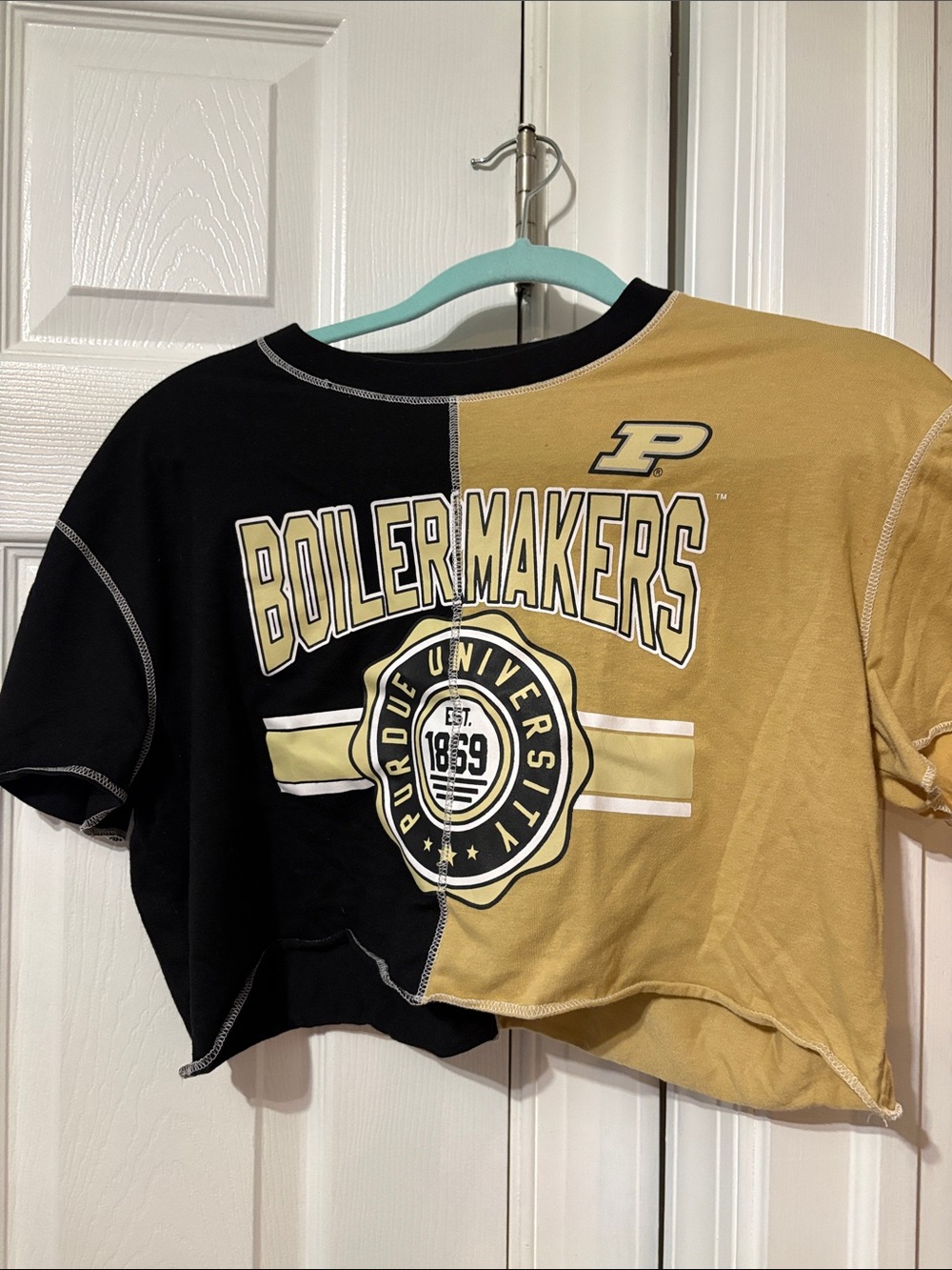 Purdue Boilermakers Split-Color Crop Tee — Black & Gold